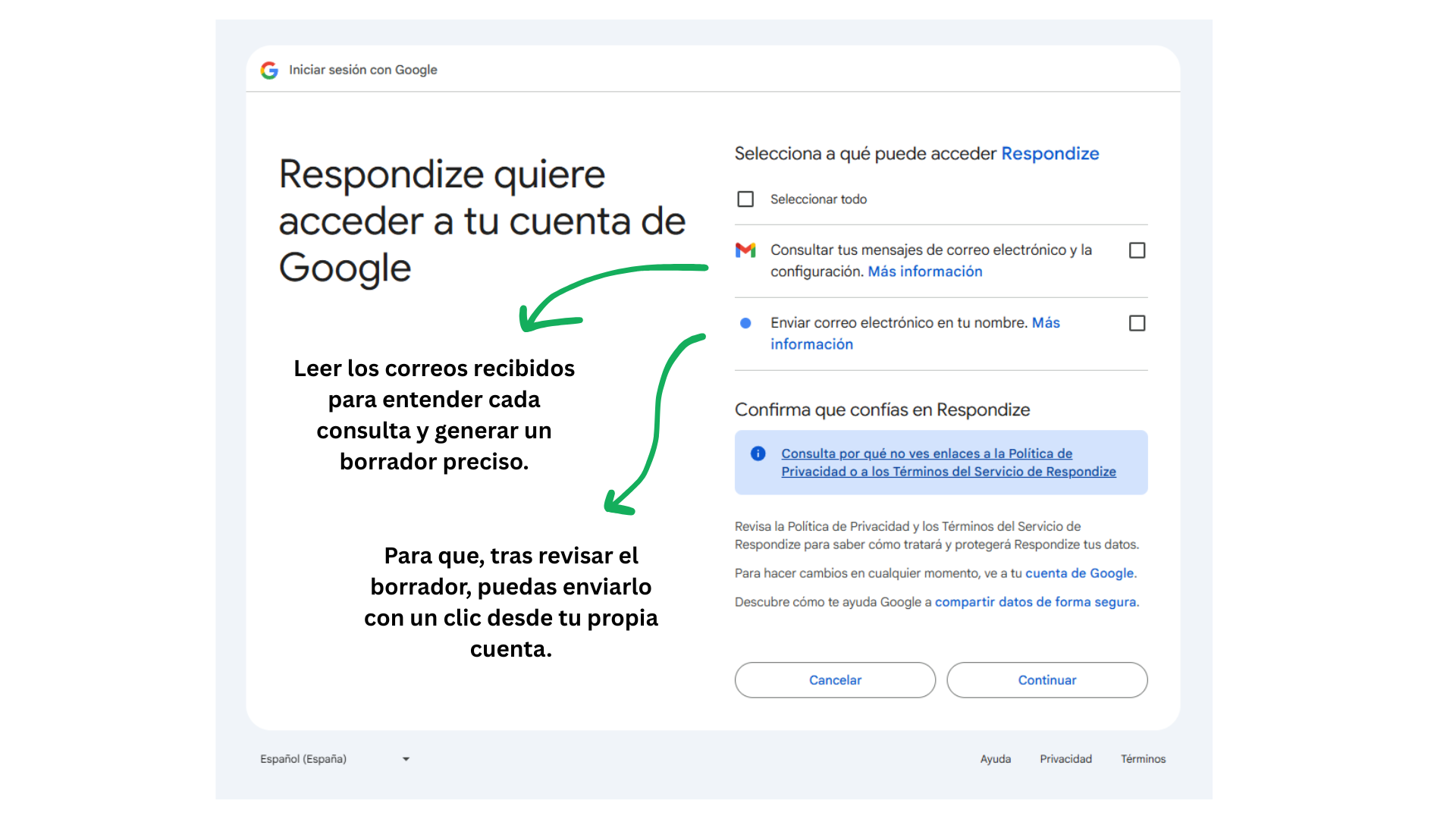 Pantalla de permisos de Google y explicación de por qué los solicitamos